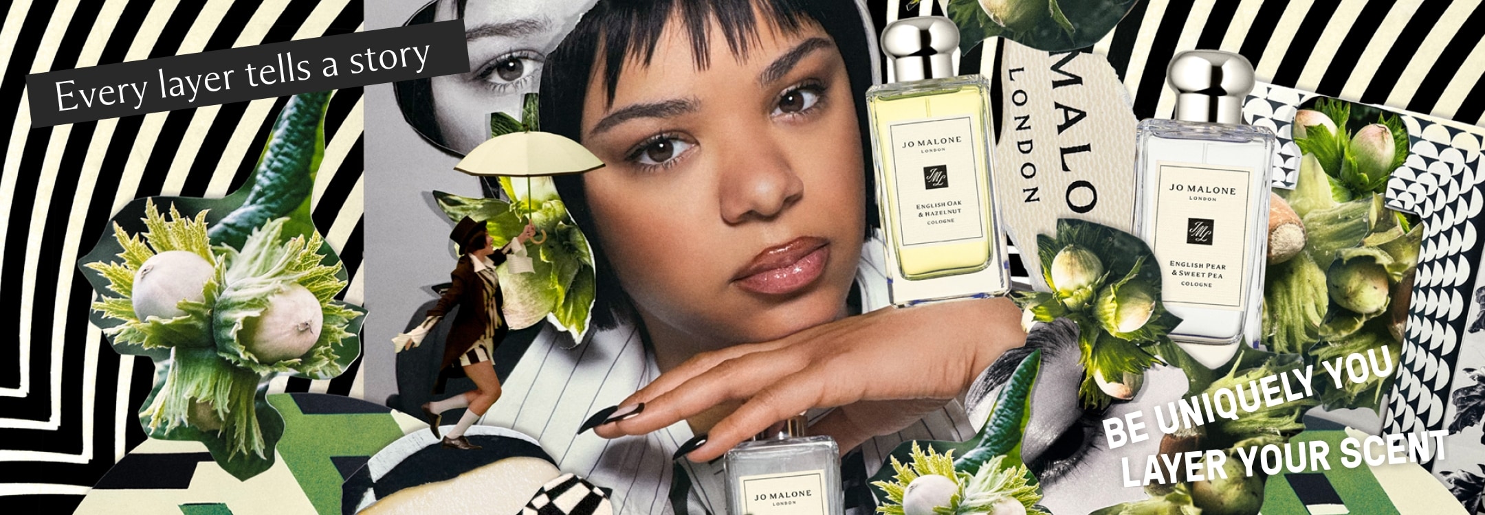 Person with Jo Malone London bottles, pears, and flowers on a black-and-white striped background.