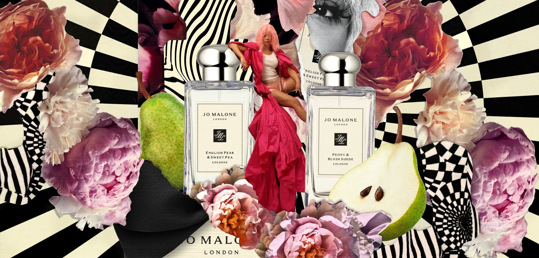 Jo Malone London bottles surrounded by pink flowers and fruit over black-and-white swirls.