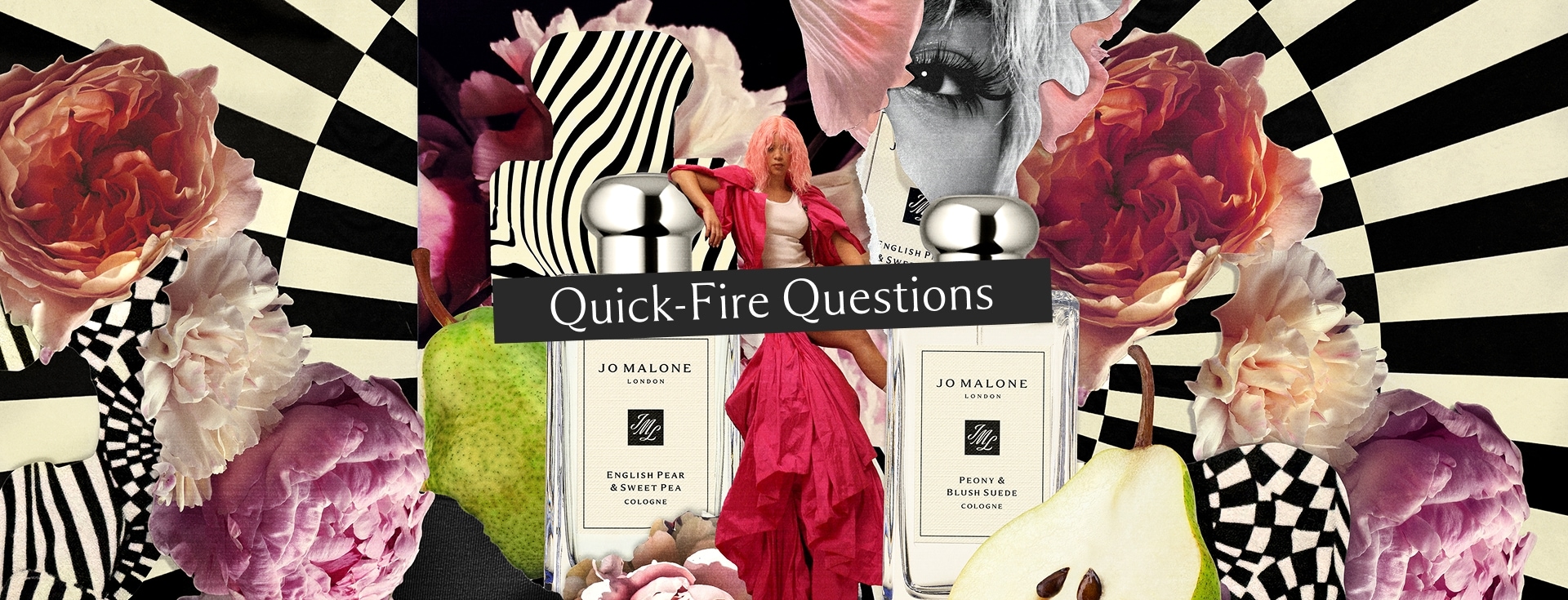 Jo Malone London bottles surrounded by pink flowers and fruit over black-and-white swirls.